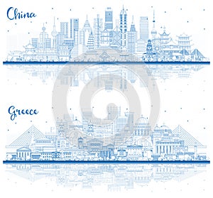 Outline Greece and China City Skyline Set