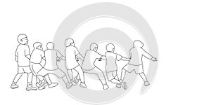 Outline of group of children playing tug of war, Team sport in vector