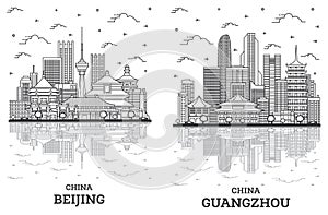 Outline Guangzhou and Beijing China City Skyline Set