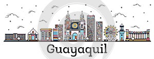 Outline Guayaquil Ecuador City Skyline with Color Buildings Isolated on White