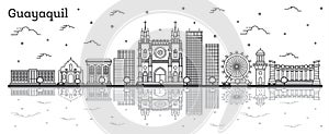 Outline Guayaquil Ecuador City Skyline with Historical Buildings and Reflections Isolated on White