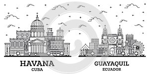 Outline Guayaquil Ecuador and Havana Cuba City Skyline Set