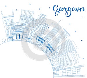 Outline Gurgaon India City Skyline with Blue Buildings and Copy Space