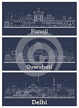Outline Guwahati, Delhi and Panaji India City Skyline Set with White Buildings