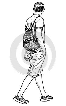 Outline hand drawing of casual citizen pedestrian with backpack walking outdoors alone on summer day, vector illustration isolated