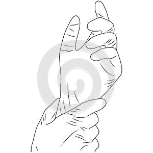 Outline hand gesture preparation for surgery, hands in rubber sterile gloves. Silhouette black linear style on a white background