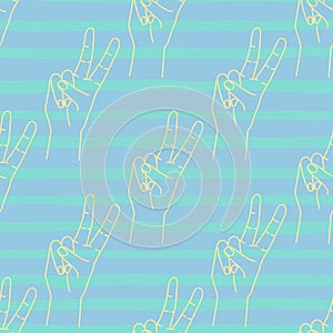 Outline hand gesture two fingers up. Yellow silhouette contour on a blue background. Peace victory sign