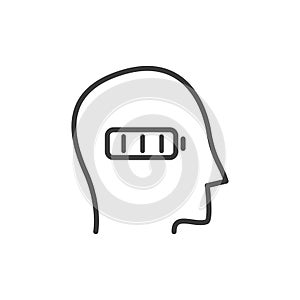 Outline head with battery level. Icon low or full mental energy. Concept of burnout and stress. Psychology. Isolated