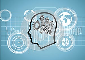 outline head with 3D cogs brain on a technological background
