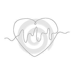 Outline heart with heart beat vector one line continuous drawing illustration. Hand drawn linear silhouette icon