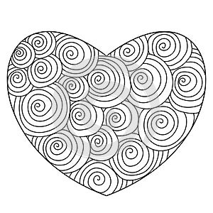 Outline heart with ornate spiral patterns coloring Valentine`s day page