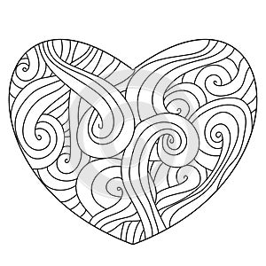 Outline heart with ornate wavy patterns, coloring valentine`s day page
