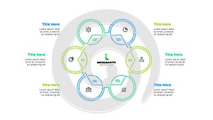 Outline hexagon diagram divided into 6 sectors. Design concept of six steps or parts of business cycle. Infographic