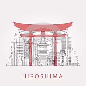 Outline Hiroshima skyline with landmarks.