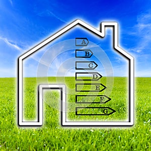 Outline of a home showing energy efficiency rating