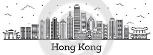 Outline Hong Kong China City Skyline with Modern Buildings Isolated on White.