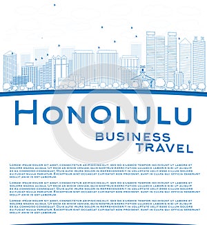 Outline Honolulu Hawaii skyline with blue buildings and copy spa