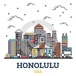 Outline Honolulu Hawaii USA City Skyline with Colored Modern Buildings Isolated on White