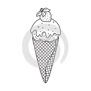 Outline ice cream in a waffle cone with icing, glaze and strawberry. Summer sweet food. Delicious frozen dessert. Vector