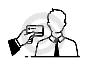 Outline icon of businessman and debit card. Investments and loans. To lend, bank transfer