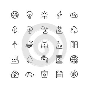Outline icon collection for ui. Vector thin line illustration set. Enviroment, ecology, recycle and green energy power symbol