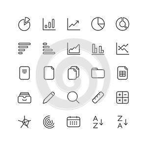 Outline icon collection for ui. Vector thin line illustration set. Finance chart, analitics and document paper symbol isolated on