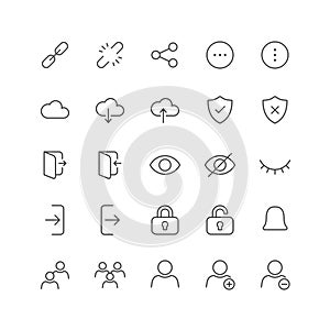 Outline icon collection for ui. Vector thin line illustration set. Internet security, people group and cloud service symbol