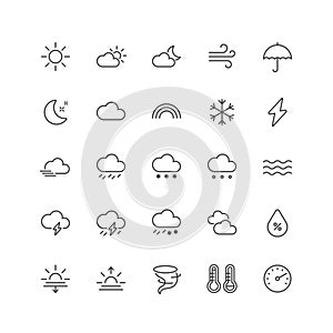 Outline icon collection for ui. Vector thin line illustration set. Weather forecast, precipitation, sun, rain, snow and storm