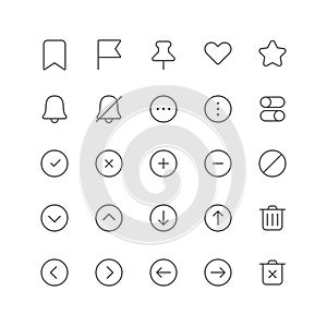 Outline icon collection for ui. Vector thin line illustration set. Web buttons, arrow, pin, heart shape, bell symbol isolated on