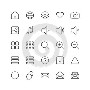 Outline icon collection for ui. Vector thin line illustration set. Web buttons, home, settings, media and zoom symbol isolated on