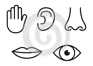 Outline icon set of five human senses: vision eye, smell nose, hearing ear, touch hand, taste mouth with tongue