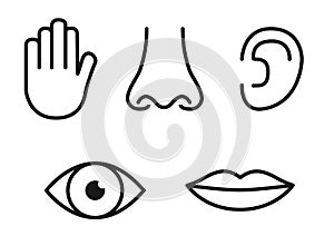 Outline icon set of five human senses: vision eye, smell nose, hearing ear, touch hand, taste mouth with tongue
