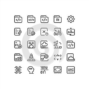 AI, Coding, Analytics, and UX Outline Icons Set for Software Development