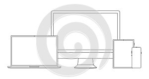 Outline icon set of modern devices - desktop computer monitor, laptop, tablet, smartphone. Electronic mock up gadgets