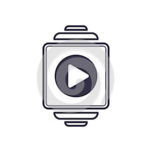 Outline icon smart watch with play video symbol. Electronic media screen modern hand gadget device. Vector multimedia symbol