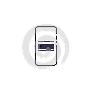 Outline icon of vector smartphone with credit plastic card. Electronic comerce mobile screen concept line illustration
