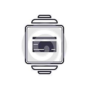 Outline icon of vector smartwatch with credit plastic card. Electronic comerce mobile screen concept line illustration