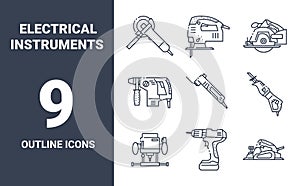 Outline icons collection of power tools. Hand construction tool for renovation work.