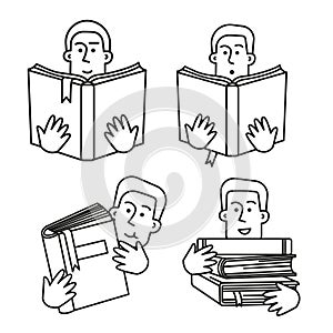 Outline icons with man who reads book. Concept for world book day