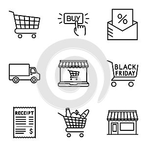 Outline icons for retail, grocery, restaurant food delivery concept. E-commerce