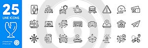 Outline icons set. Car secure, Delivery truck and Warning icons. For website app. Vector