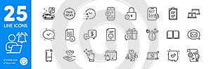 Outline icons set. Fake news, Teamwork question and Settings blueprint icons. For website app. Vector