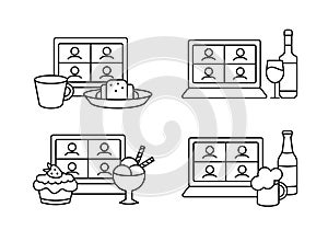 Outline icons set of friends online party with alcohol and dessert. Blogger mukbangeating ice cream or croissant with tea.