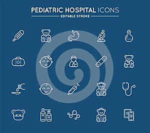 Outline icons set. Pediatric hospital clinic and medical care. Editable stroke. Vector
