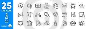 Outline icons set. Water bottles, Teamwork and Alarm clock icons. For website app. Vector