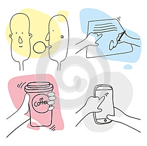 Outline Illustration Human Work Day Hand Drawn Set