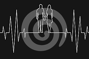 Outline illustration of a man and a woman walking on a cardiogram on a heart monitor on a black background. Sports lifestyle