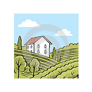 Outline illustration of vineyard fields and villa