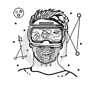 outline illustration. Virtual reality glasses. Connection abstract vector structure. man and cosmos