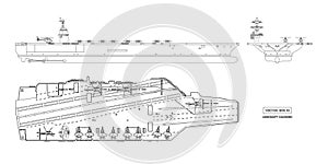 Outline image of aircraft carrier. Military ship. Top, front and side view. Battleship model. Warship in flat style